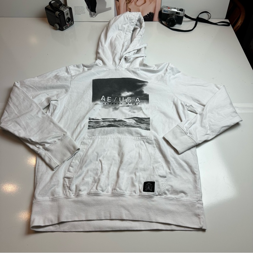 American Eagle AE USA Graphic Hoodie Men M White 100% Cotton Y2K Streetwear